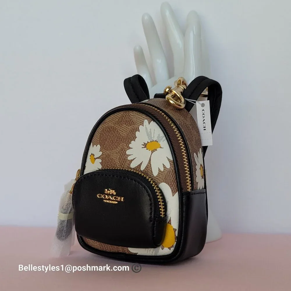 COACH Mini Court Backpack Bag Charm In Signature Canvas With Floral Print-Tan🎈⭐ - Picture 7 of 16